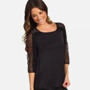BCBG Max Azria Addy Black Satin Lace Cutout Back Top XSmall XS Blouse